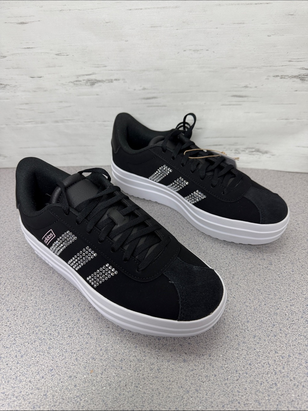 adidas Black Platform Sneakers with Crystal Three-Stripes
